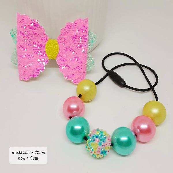 Pink, aqua, yellow bead and bow set
